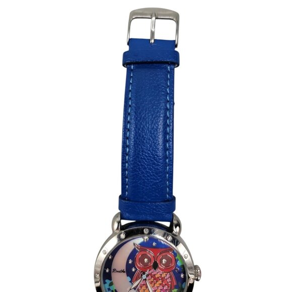 Bertha Ashley Owl Watch Crystal Bezel 38mm Silver Tone 7.5" Blue Leather Band - Picture 12 of 16